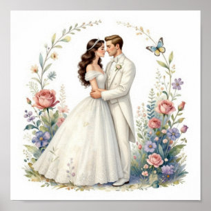Poster Marié Romantique Fleurs Élégant Couple de Mariage