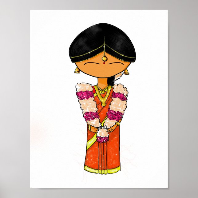 Poster Mariée Mariage indienne Floral Garland Orange Sare (Devant)