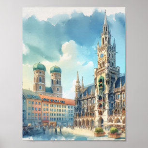 Poster Marienplatz Munich Allemagne Aquarelle