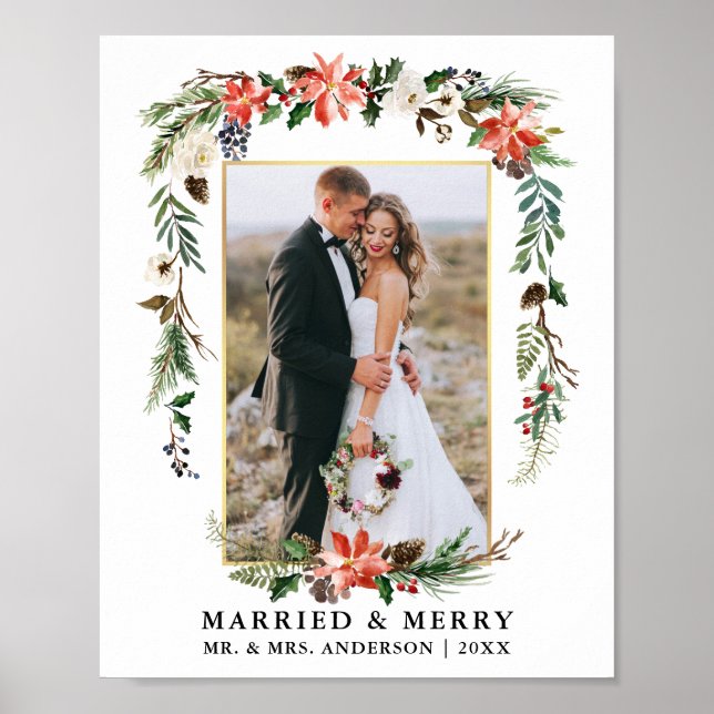 Poster Mariés et Joyeux Or Aquarelle Floral Hiver (Devant)