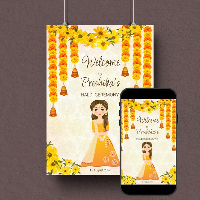 Poster Marigolds fille indienne mignonne Accueil personna (Girls Haldi Indian wedding welcome sign template digital download cute girl marigold garlands)