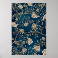 Marine Bleu Botanique Chinoiserie Fleur Mur Art