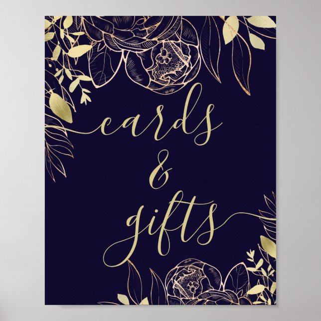 Poster Marine bleu et or moderne Floral Cartes & Cadeaux (Devant)