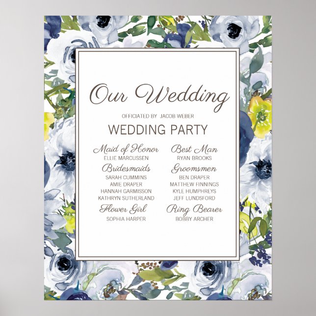 Poster Marine Bleu Jaune Blanc Floral Party de mariage (Devant)