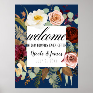 Poster Marine bleu Marsala rose Russe fleurs Mariage