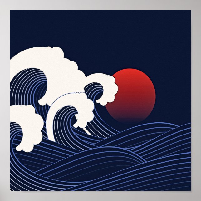 Poster Marine Bleue Japonaise Vagues avec dessin Lune Rou (Devant)