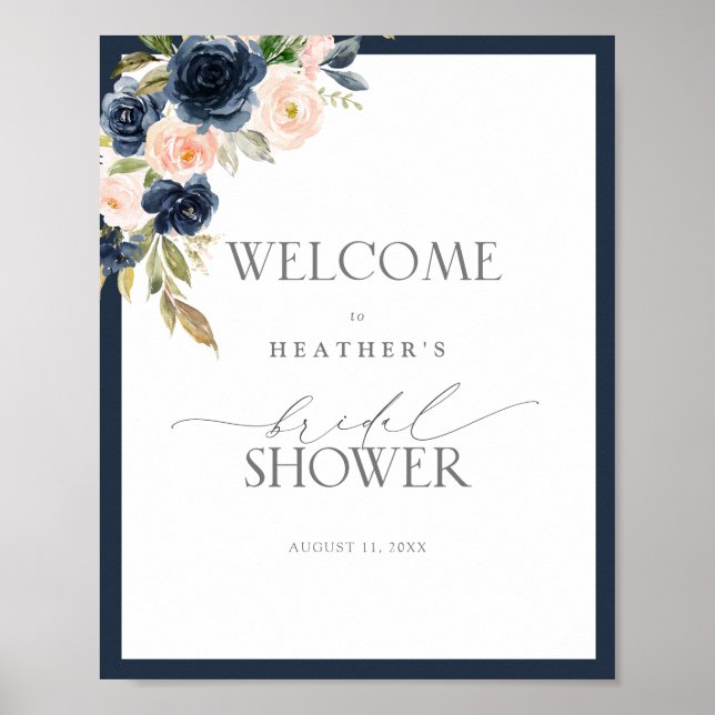Poster Marine Blue & Blush Floral Aquarelle Douche Bienve (Devant)