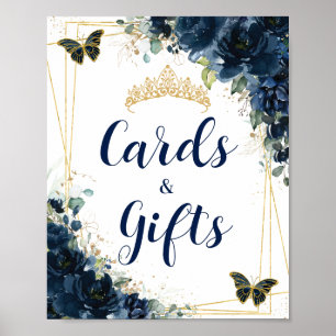 Poster Marine Blue Floral or Quinceañera Cartes et cadeau