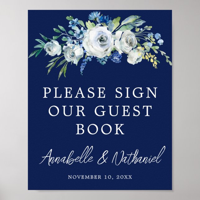Poster Marine Blue Floral Winter Wedding Guest Book Poste (Devant)