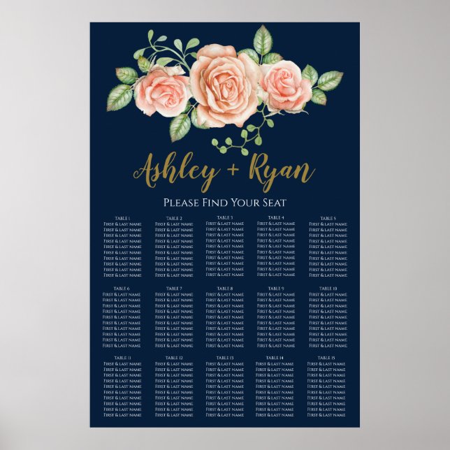 Poster Marine Blue Gold Blush Floral Mariage Cartes de si (Devant)