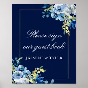 Poster Marine Blue Gold Floral Mariage Invité Livre Poste