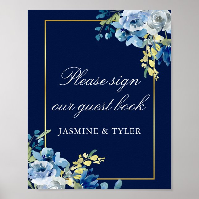Poster Marine Blue Gold Floral Mariage Invité Livre Poste (Devant)