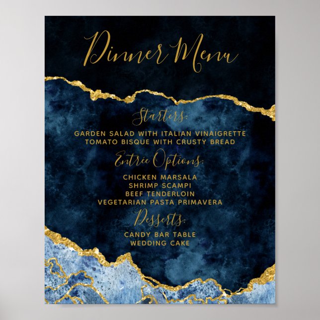 Poster Marine Blue Gold Foil Agate Mariage Menu Table Pan (Devant)