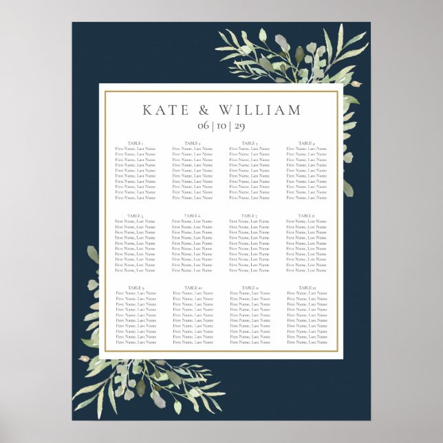 Poster Marine Blue Gold Greenery Mariage Seating Chart (Devant)