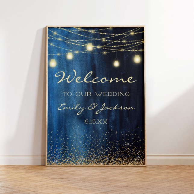 Poster Marine Blue Gold String Lumières Mariage Bienvenue (Navy blue and gold string lights wedding welcome poster)