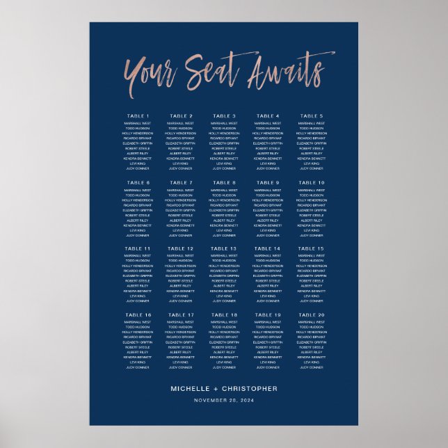 Poster Marine Blue & Rose Gold Chic Mariage de siège grap (Devant)