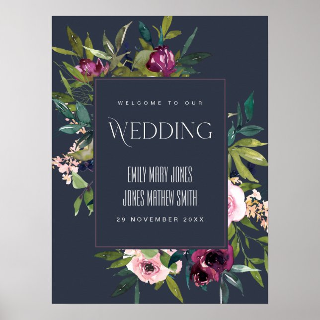 POSTER MARINE BLUSH BURGUNDY FLORAL BUNCH MARIAGE BIENVEN (Devant)