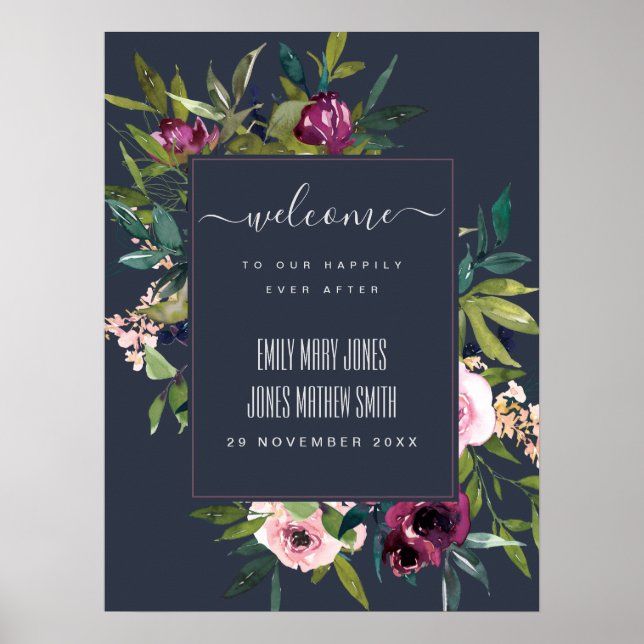 POSTER MARINE BLUSH BURGUNDY FLORAL BUNCH MARIAGE BIENVEN (Devant)
