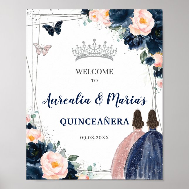 Poster Marine Blush Floral Twins Silver Quinceañera (Devant)