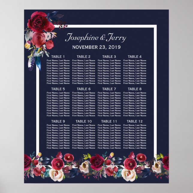 Poster Marine Burgundy Merlot Floral Mariage Carte de siè (Devant)