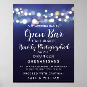 Poster Marine Chaîne de lumières Open Bar mariage signe
