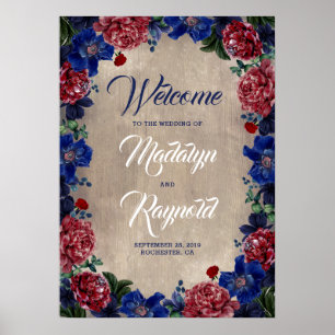 Poster Marine et Bourgogne Floral Rustic Mariage Bienvenu