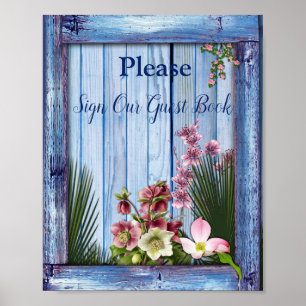 Poster Marine - Fleurs bleues texturées et roses