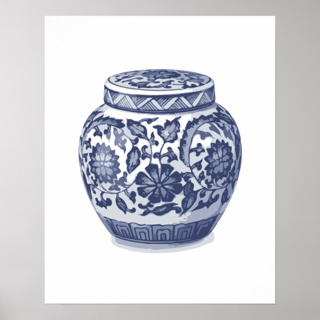 Poster Marine Indigo Blue Joli Floral Ginger Jar Motif (Devant)
