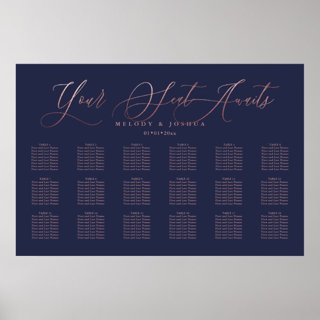 Poster Marine+Rose Gold Calligraphie moderne Carte de siè (Devant)