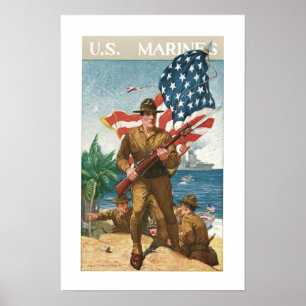 Poster Marines des USA - w/Flag