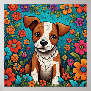 Poster Marionnette mignonne avec Fleurs d'Art folklorique