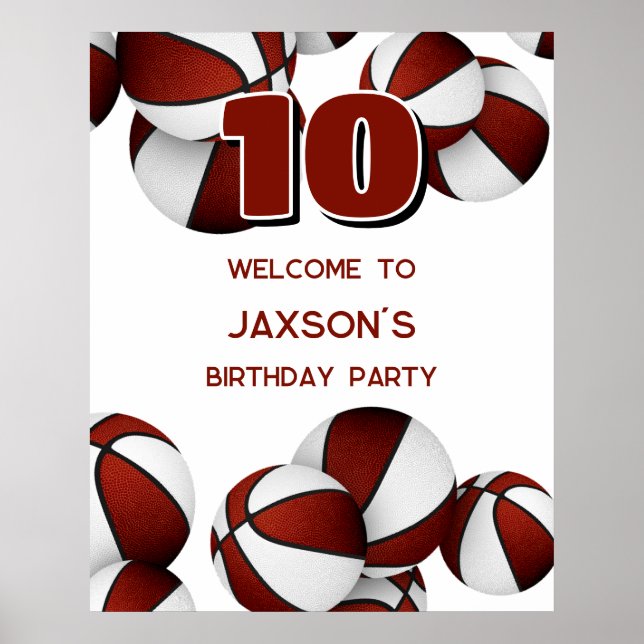 Poster maroon basketballs anniversaire de enfant fête bie (Devant)