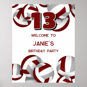 Poster maroon grey volleyballs fête d'anniversaire bienve