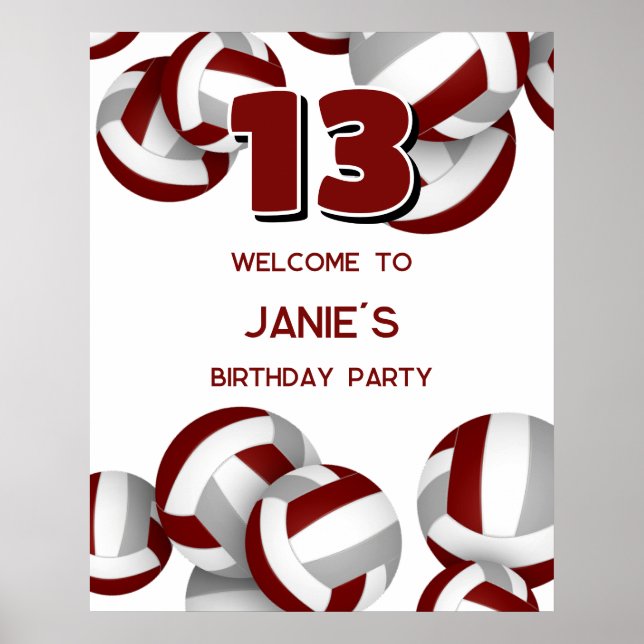 Poster maroon grey volleyballs fête d'anniversaire bienve (Devant)