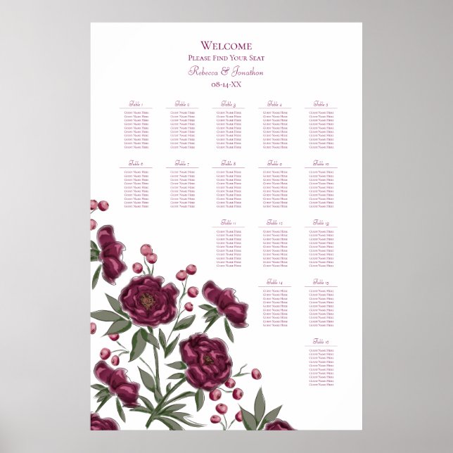 Poster Maroon Rose Wedding Seating Chart (Devant)