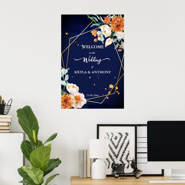 Poster Marque bleu orange fleurs de sauge bienvenue (Bureau à domicile)