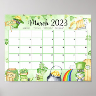 Poster Mars 2023 Calendrier vert imprimable