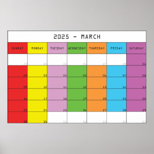 Poster Mars 2025 jours couleur calendrier plancer