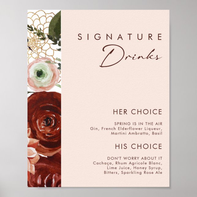 Poster Marsala Autumn Floral | Boissons de signature flou (Devant)