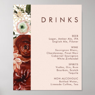 Poster Marsala Autumn Floral   Menu Boissons Mariages