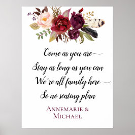 Poster Marsala Boho Floral Pas de plan de siège Mariage S