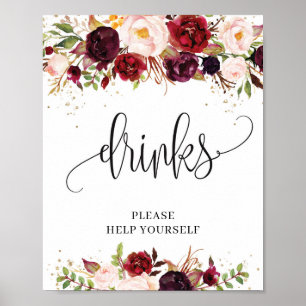 Poster Marsala bordeaux rustique panneau de boissons doré