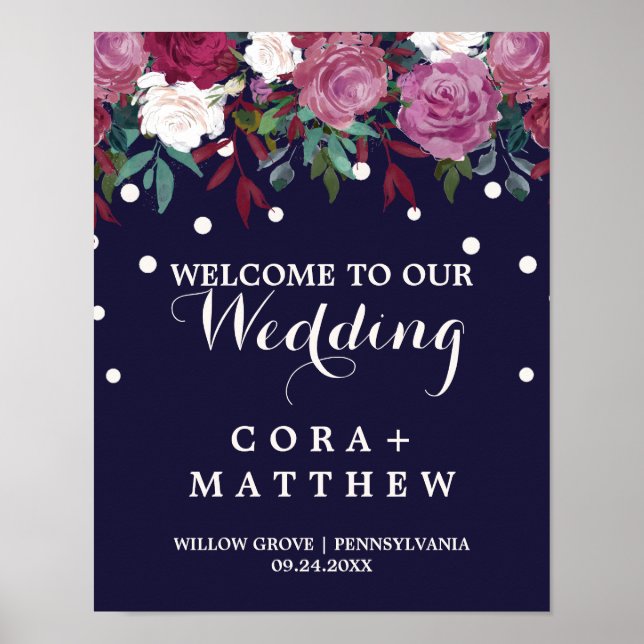 Poster Marsala & Bourgogne Floral sur le Mariage de la Ma (Devant)