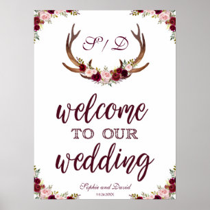 Poster Marsala Floral Antlers Bienvenue À Notre Signe Mar
