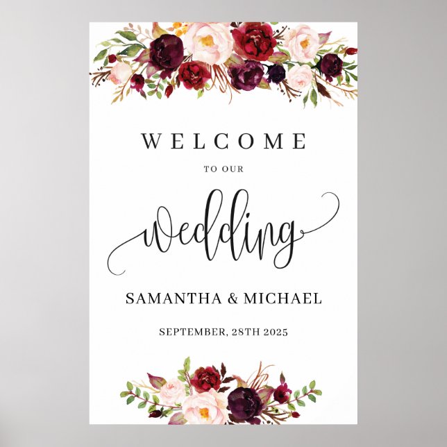 Poster Marsala rouge bohème - mariage floral (Devant)