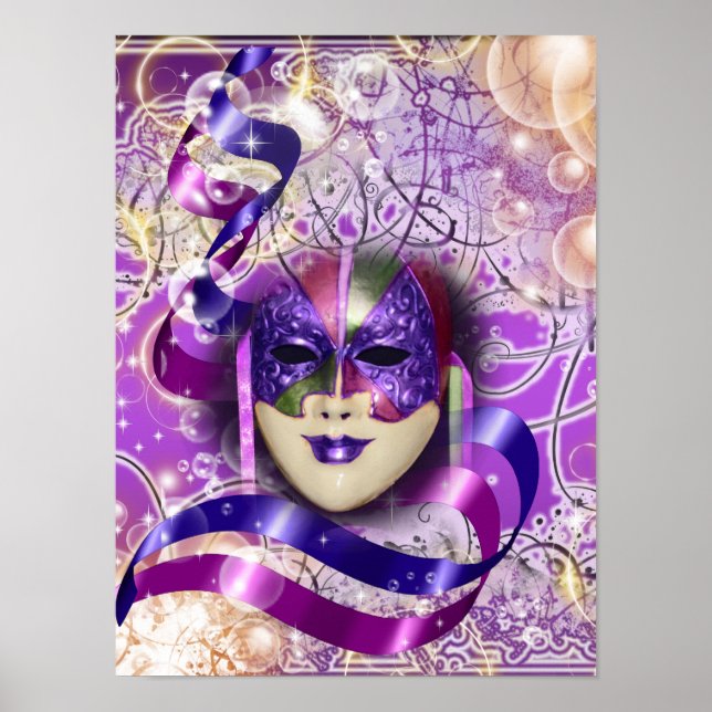 Poster Mascarade masque vénétie violet rose (Devant)