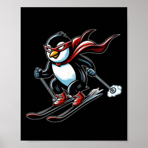 Poster Mascotte de pingouin de ski rapide avec cape rouge
