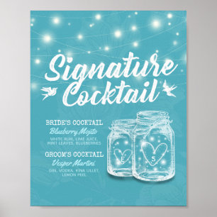 Poster Mason Jar Blue Floral Mariage Signature Boisson Me