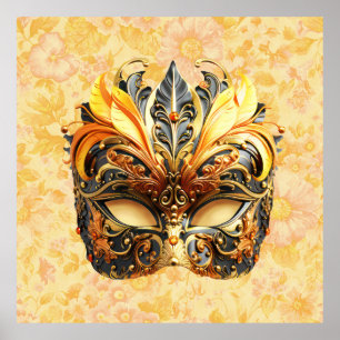 Poster Masque de plumes jaunes sur motif floral