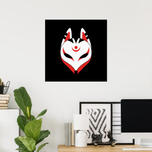 Poster Masque de renard Kitsune japonais sur fond noir